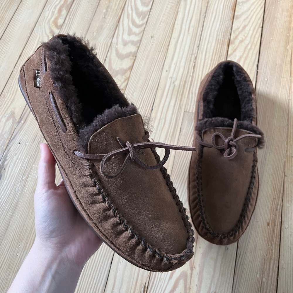 L.L. Bean Wicked Good Moccasin Slippers Mens 12 Brown Suede Shearling Lined
